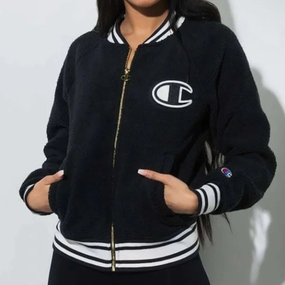 CHAMPION I Black Zip-Front Sherpa Fleece Logo Patch Varsity Bomber Jacket, S - Picture 1 of 15